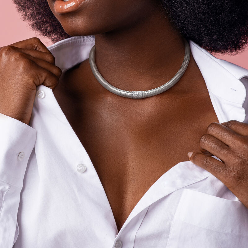 Cubic Zirconia Stretch Omega Necklace in Sterling Silver image number null